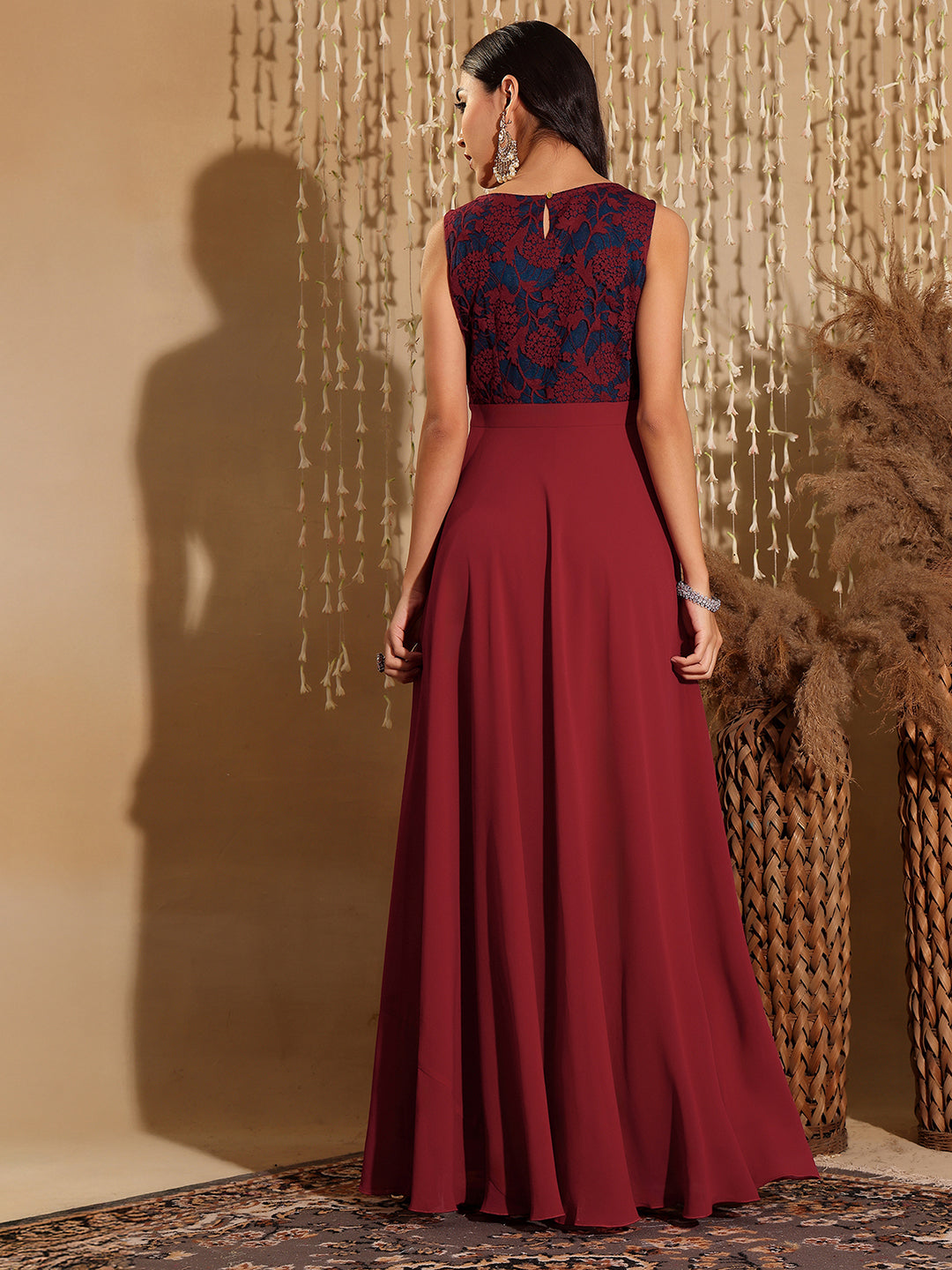 Women's Maroon & Teal Boat Neck Sleeveless Self Design Lace Overlaid Maxi Dress