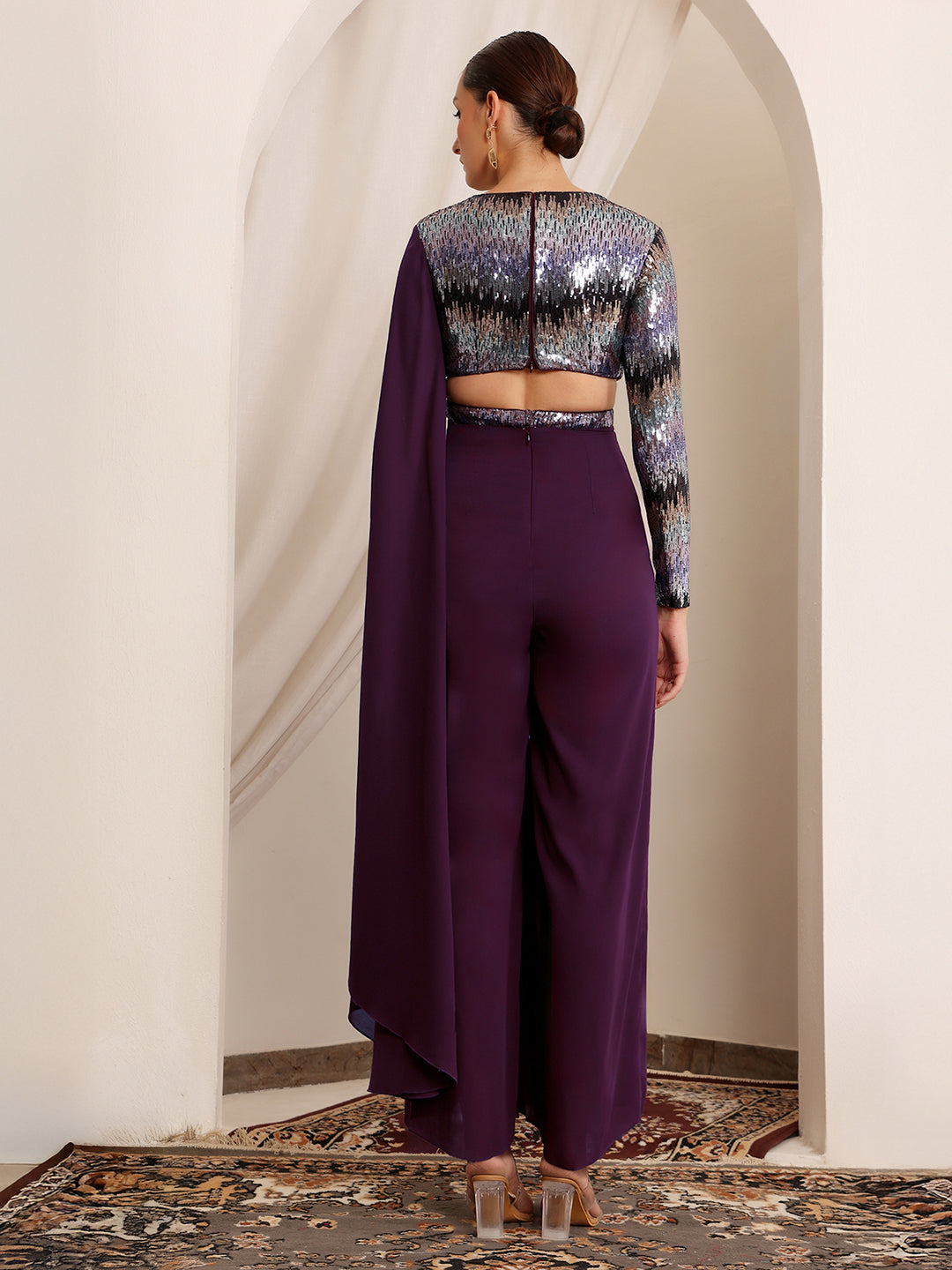 Women's Dark Purple V-Neck Asymmetric Embellished Georgette Jumpsuit