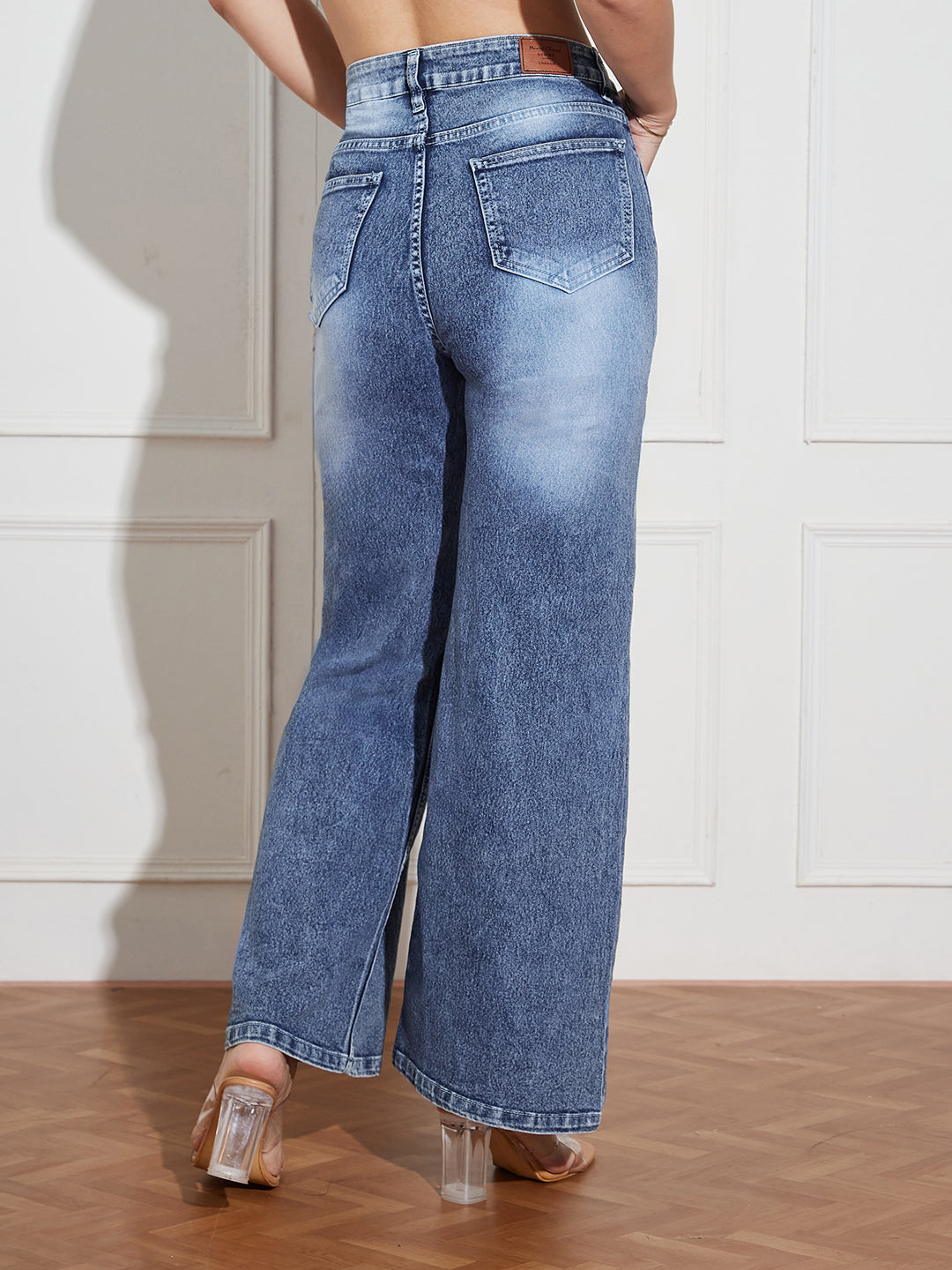 Women's Light Blue Wide-Leg High-Rise Clean-Look Regular-Length Stretchable Denim Jeans