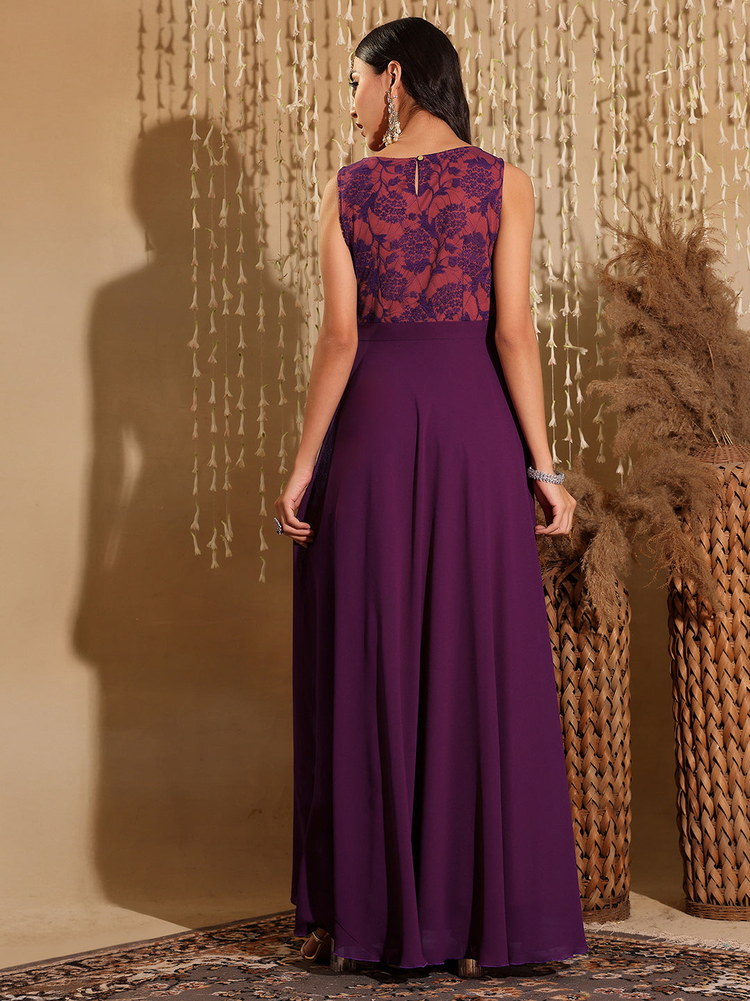 Women's Dark Purple Round Neck Sleeveless Georgette & Lace Floral Fit & Flare Maxi Dress