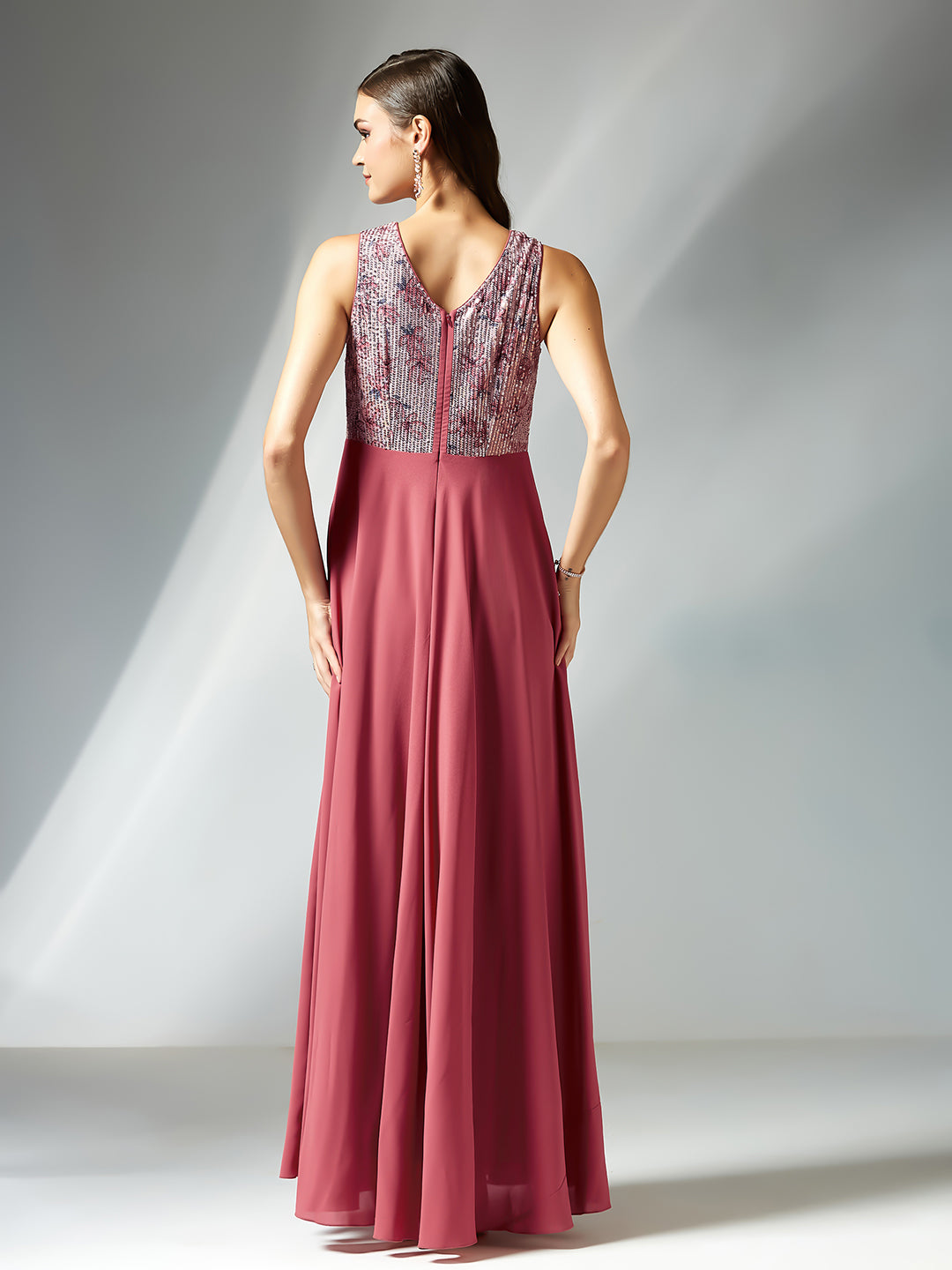 Pink V-Neck Sleeveless Floral Embellished Fit & Flare Maxi Georgette Dress for Women