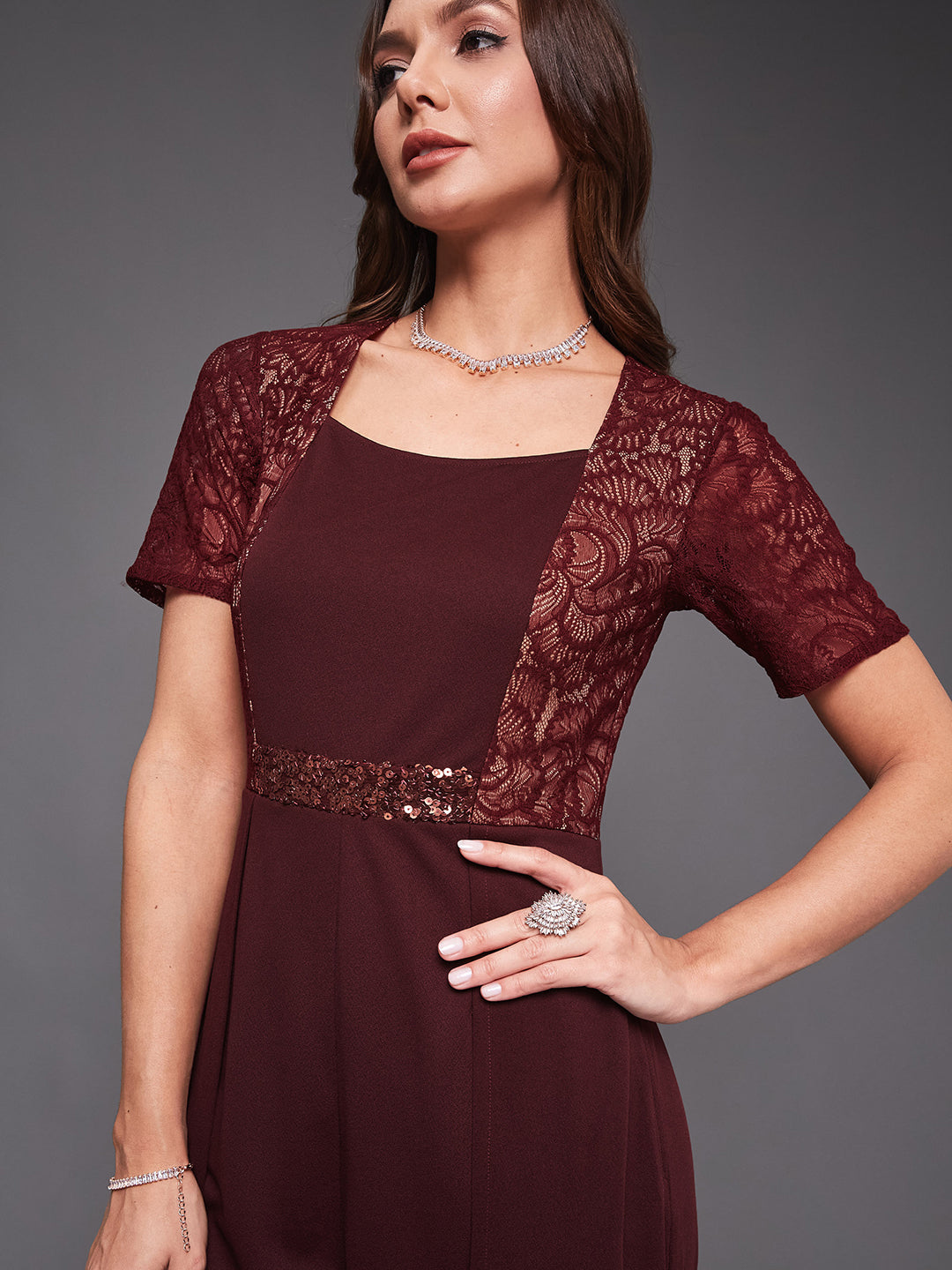 Women's Wine Square Neck Half Sleeve Self-Designed Panelled Regular-Length Polyester Jumpsuit