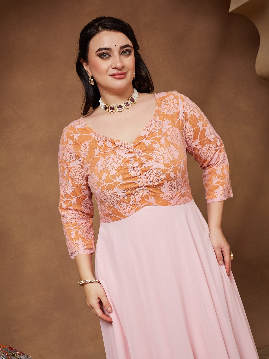 Dusty Pink V-Neck Raglan-Sleeve Self-Designed Empire-Styled Georgette Maxi Dress for Women