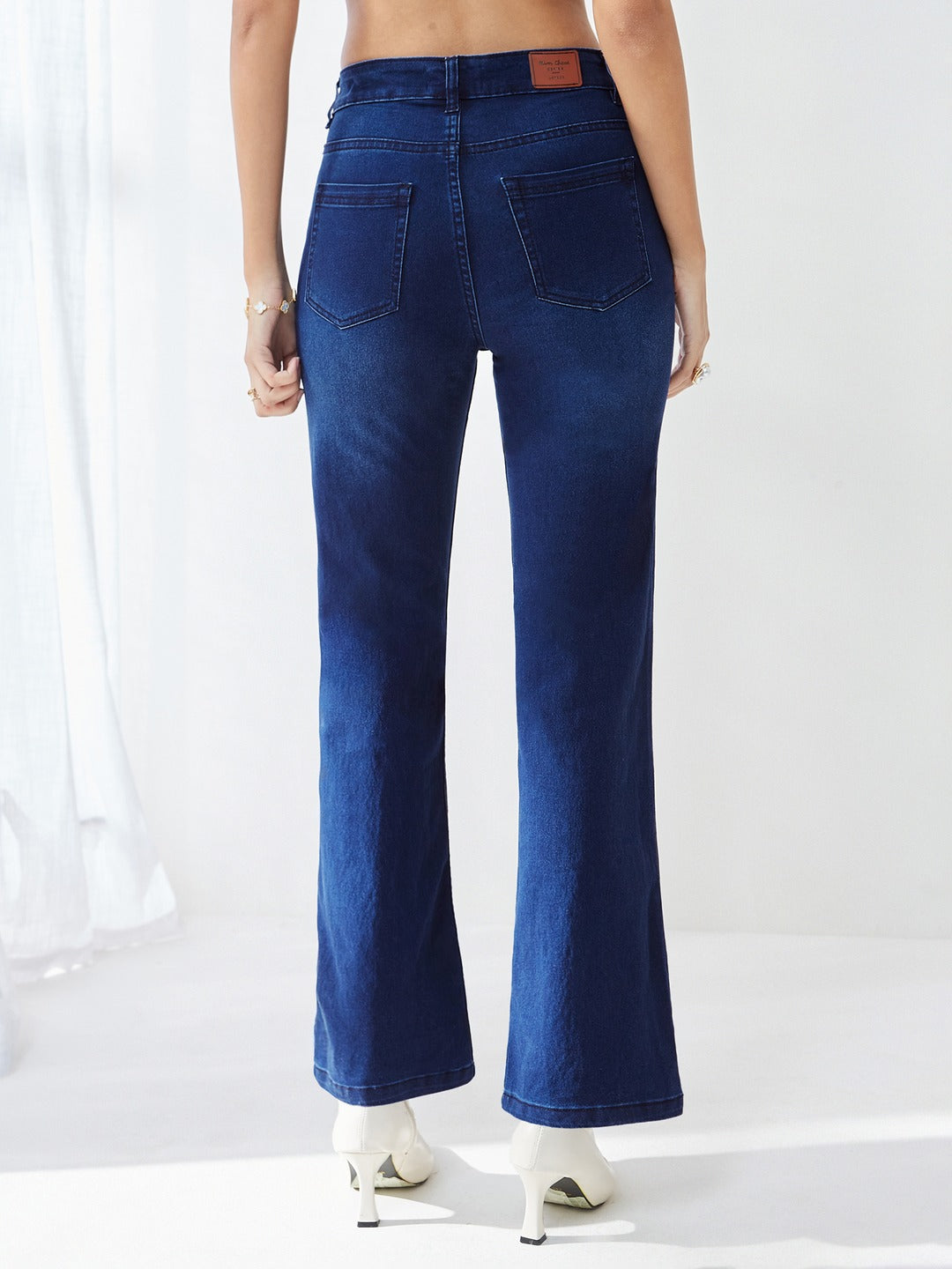 Navy blue Wide leg Mid rise Stretchable Denim Jeans for Women
