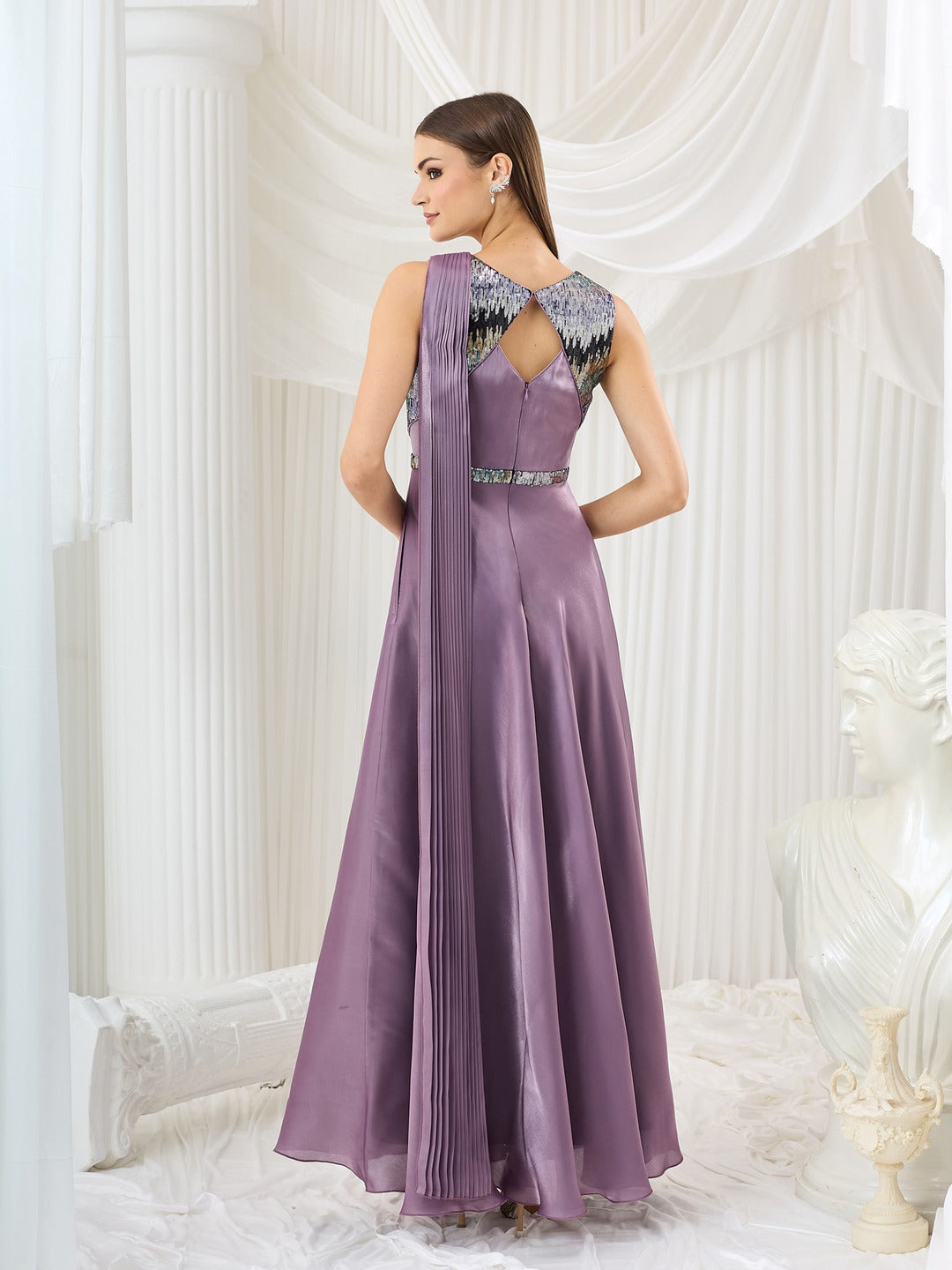 Embellished Dusty Purple Gown in Premium Layered Satin for Women