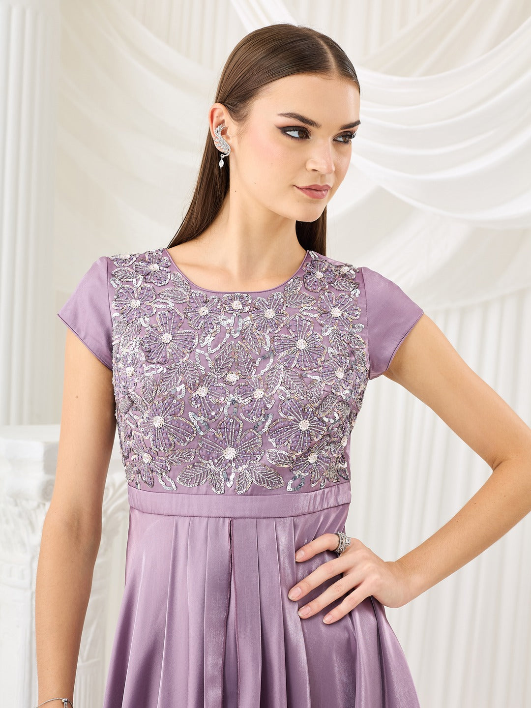 Embroidered Gown in Dusty Purple Layered Premium Satin for Women