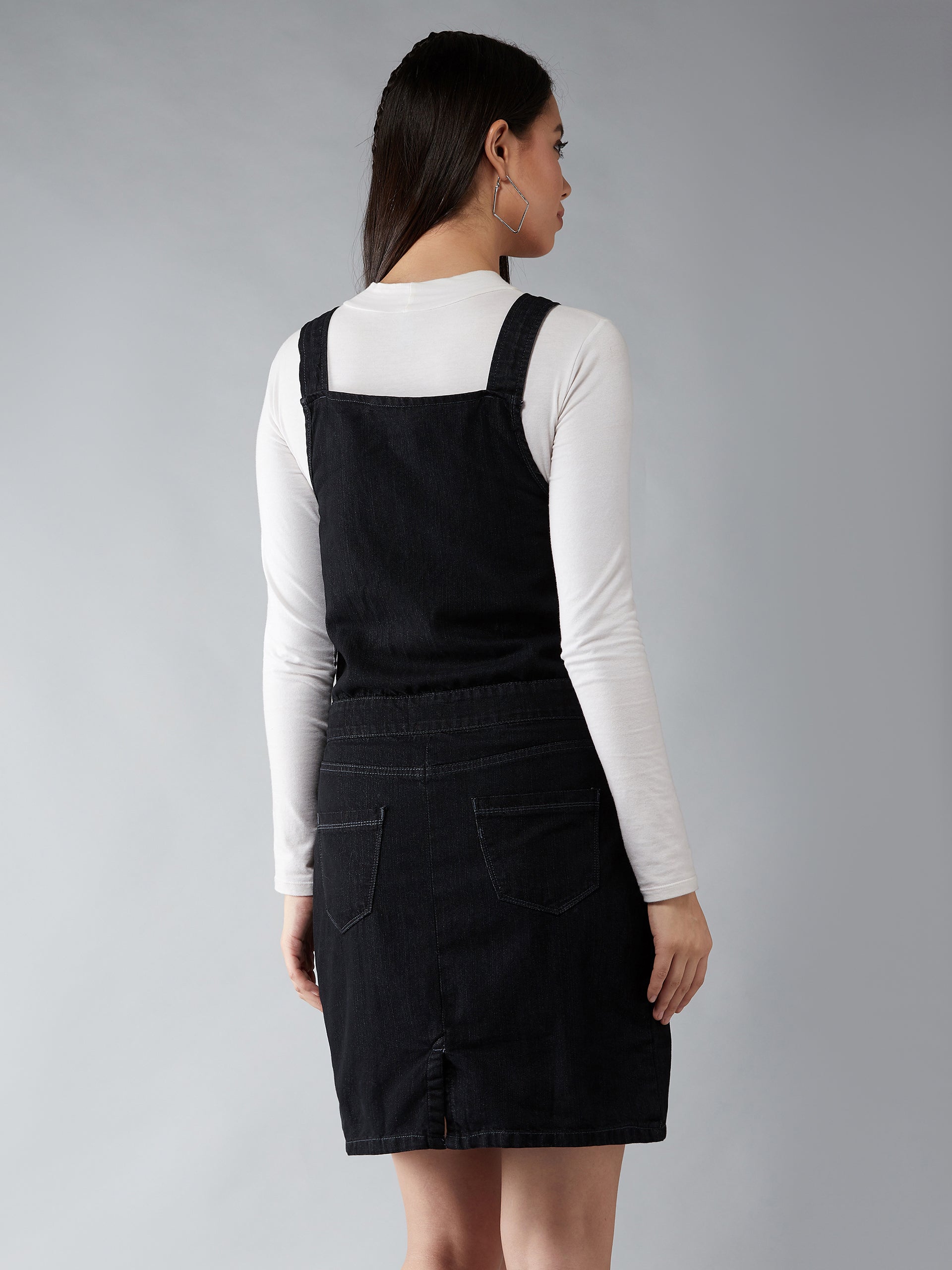 Women's Black V-Neck Sleeveless Cotton Solid Dungaree Style Mini Denim Dress