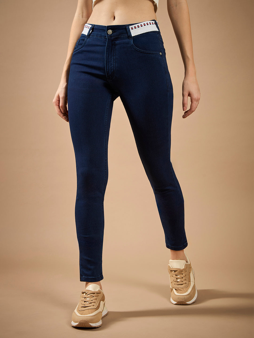 Women's Navy Blue Skinny-Fit Mid-Rise Regular-Length Twill Tape Detailing Denim Stretchable Jeans