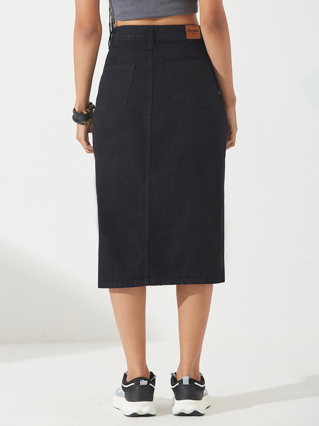 Black Straight-Fit High-Rise Stretchable Denim Midi Skirt for Women