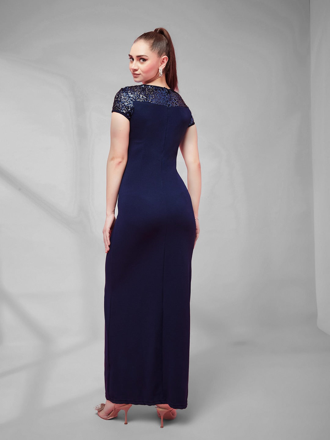 Navy Blue Round Neck Cap Sleeves Sequin Paneled Solid Bodycon Maxi Dress for Women