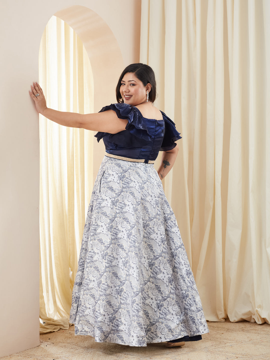 Navy Blue White Square Neck Ruffled Floral Maxi Dress for Women