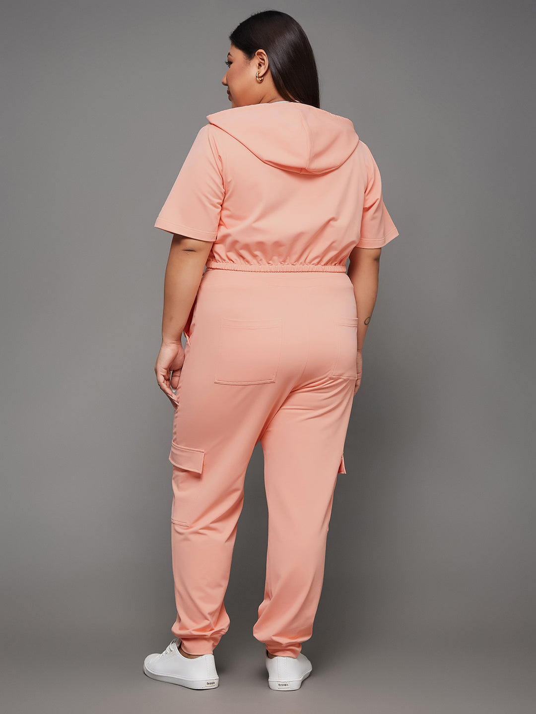 Women's Peach Round Short Polyester Solid Crop Regular  Co-ord Set