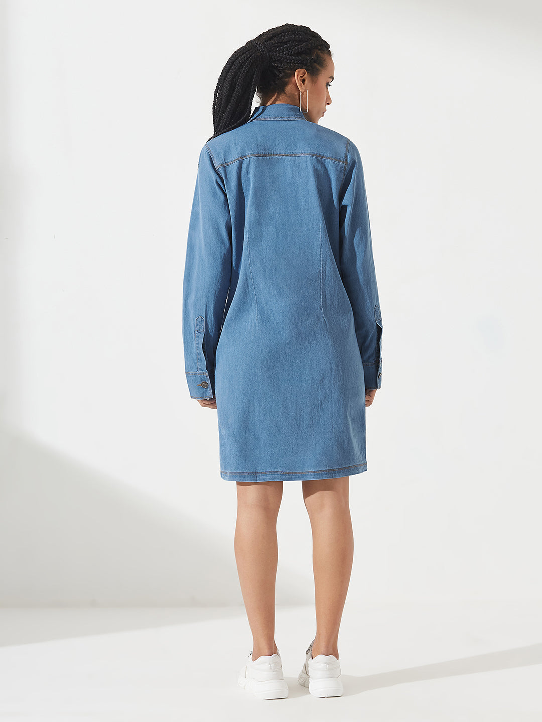 Blue Polo Neck Full Sleeves Denim Knee-Long Shrug for Women
