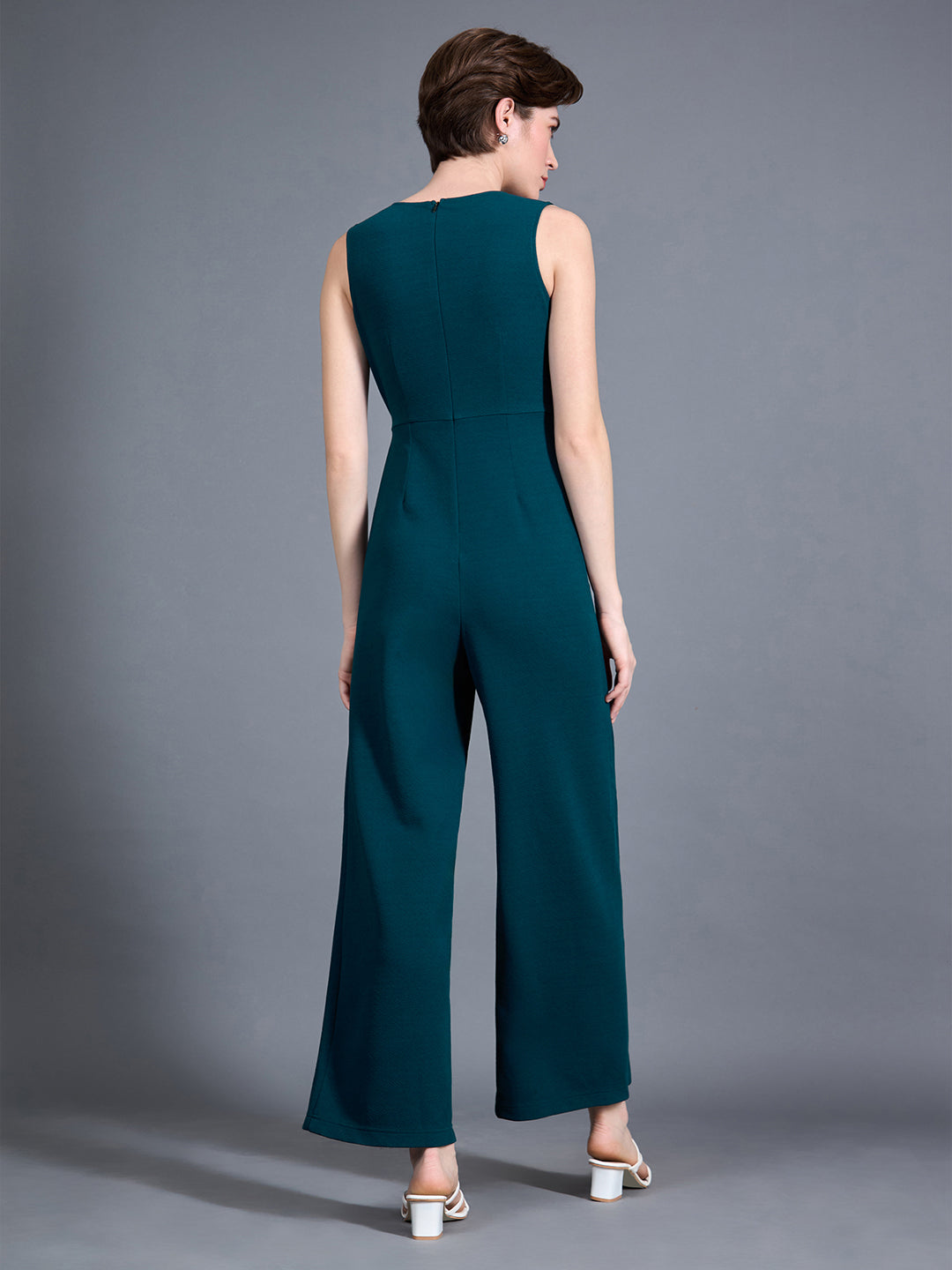 Teal V-Neck Sleeveless Solid Wrap Regular-Length Polyester Jumpsuit for Women — Nine Vogue