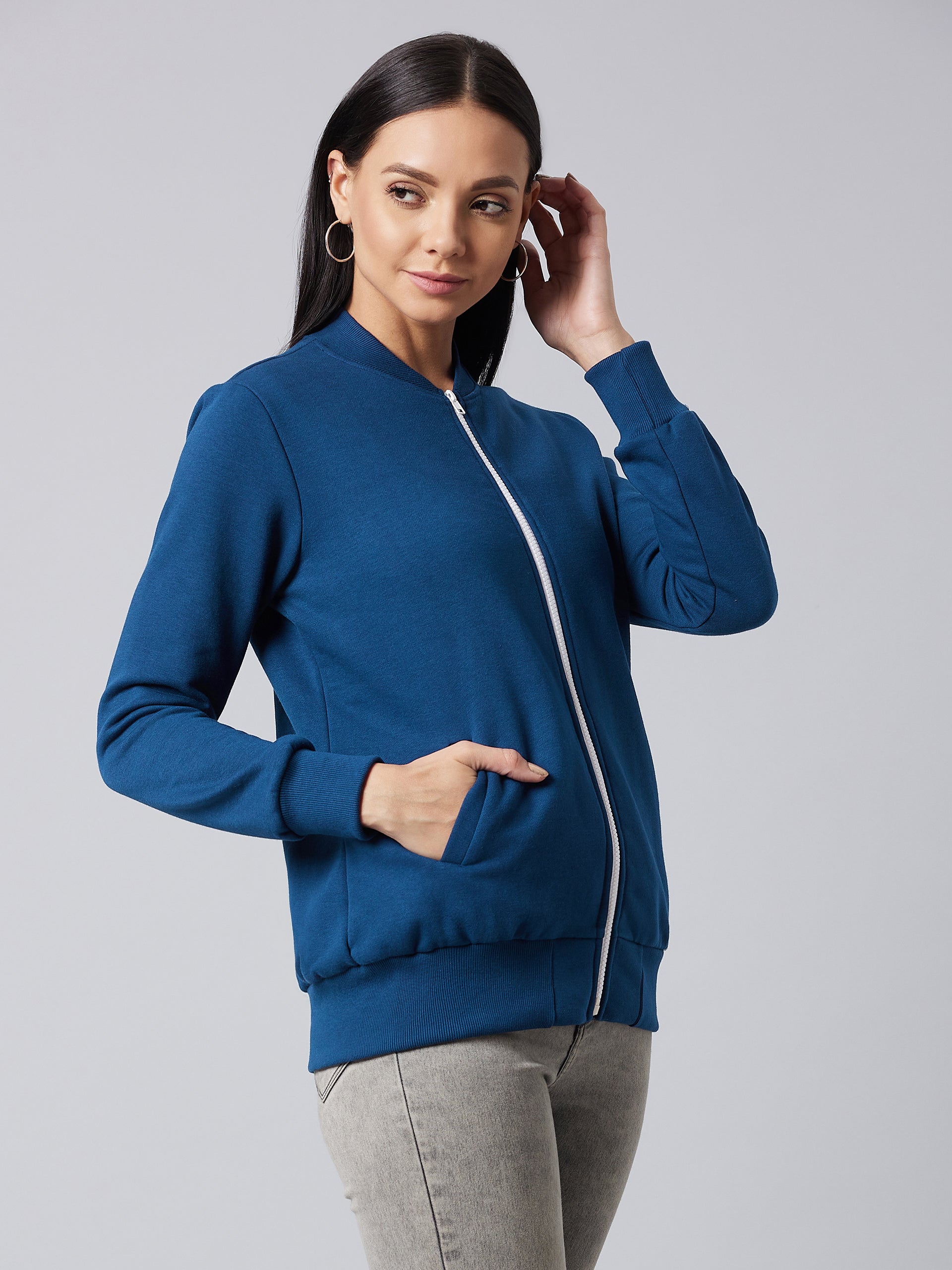 Women's Navy-Blue Round Neck Full Sleeve Solid Bomber Regular Jacket