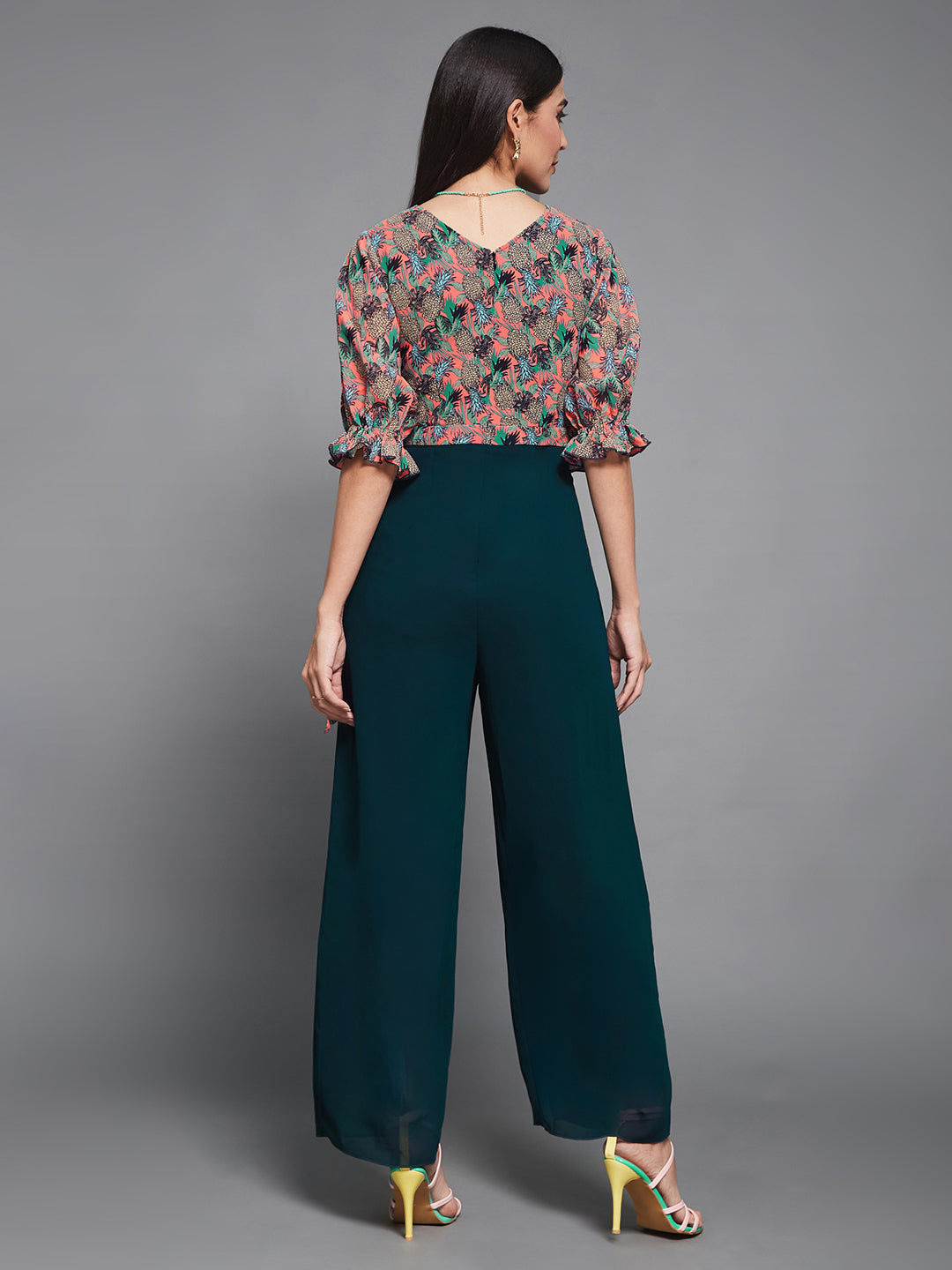 Women's Multicolored V-Neck Half Sleeve Tropical Wrap-Styled Regular-Length Georgette Jumpsuit