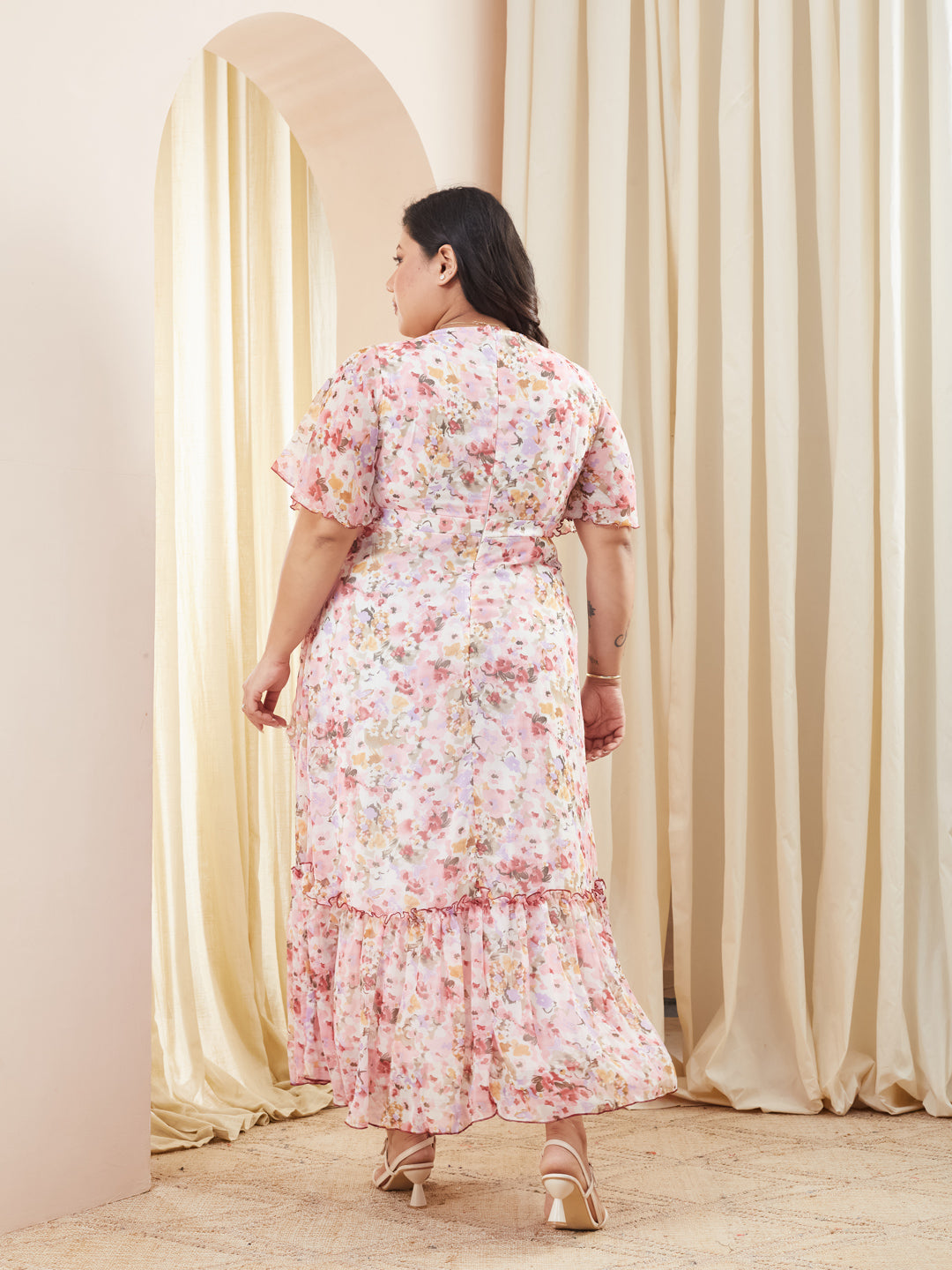 Pink V-Neck Flared Sleeve Floral Wrap Chiffon Maxi Dress for Women