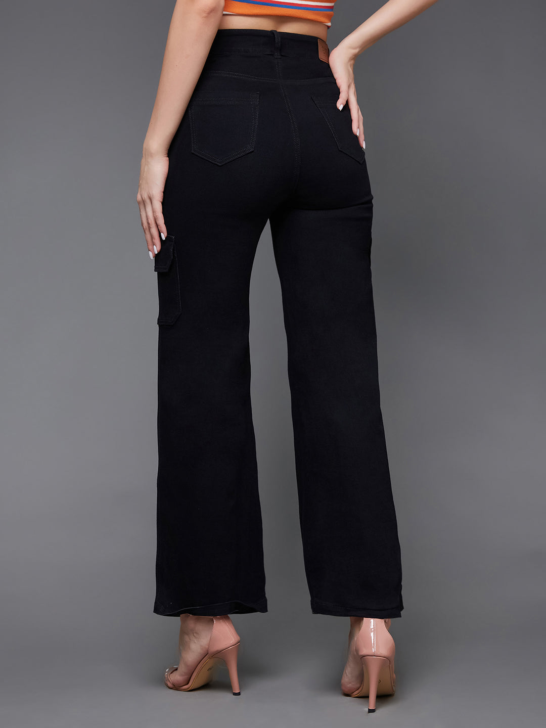 24/7 Comfort Women's Black Wide Leg High Rise Clean Look Patch Pocketed Regular Stretchable Denim Jeans