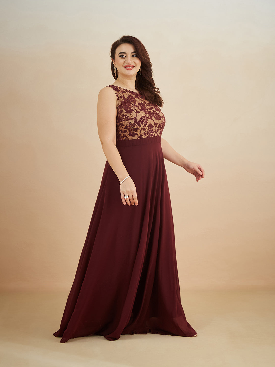 Beige & Wine Round Neck Sleeveless Georgette Floral Lace Fit & Flare Maxi Dress for Women
