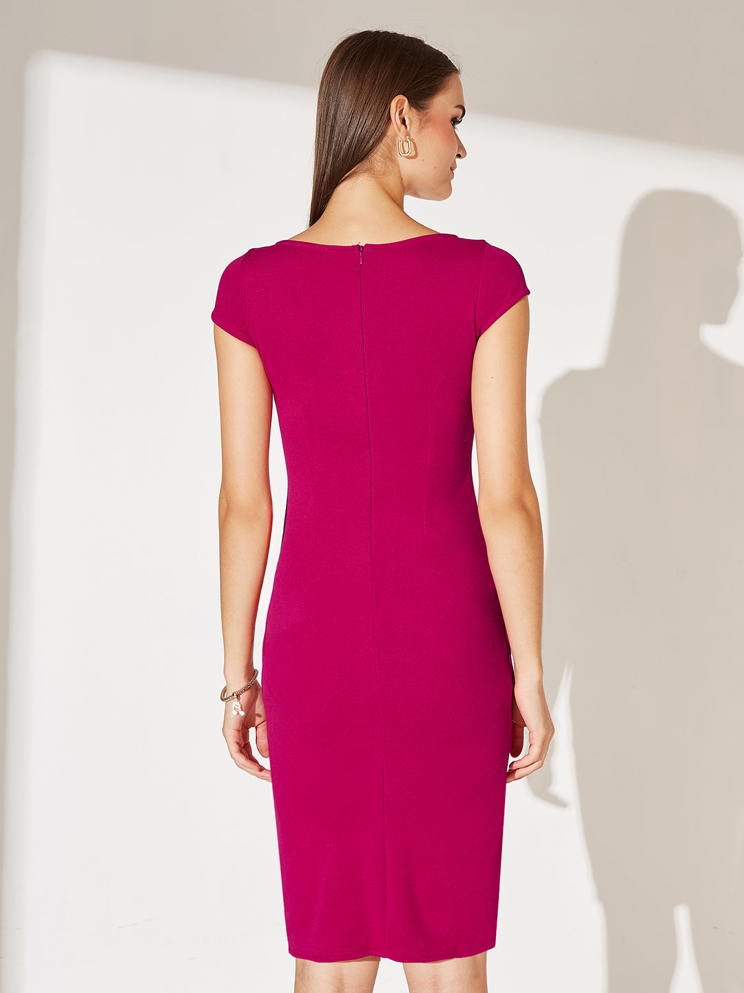 Pink Solid V Neck Cap Sleeves Polyester Side Pocketed Knee Long Dress for Women