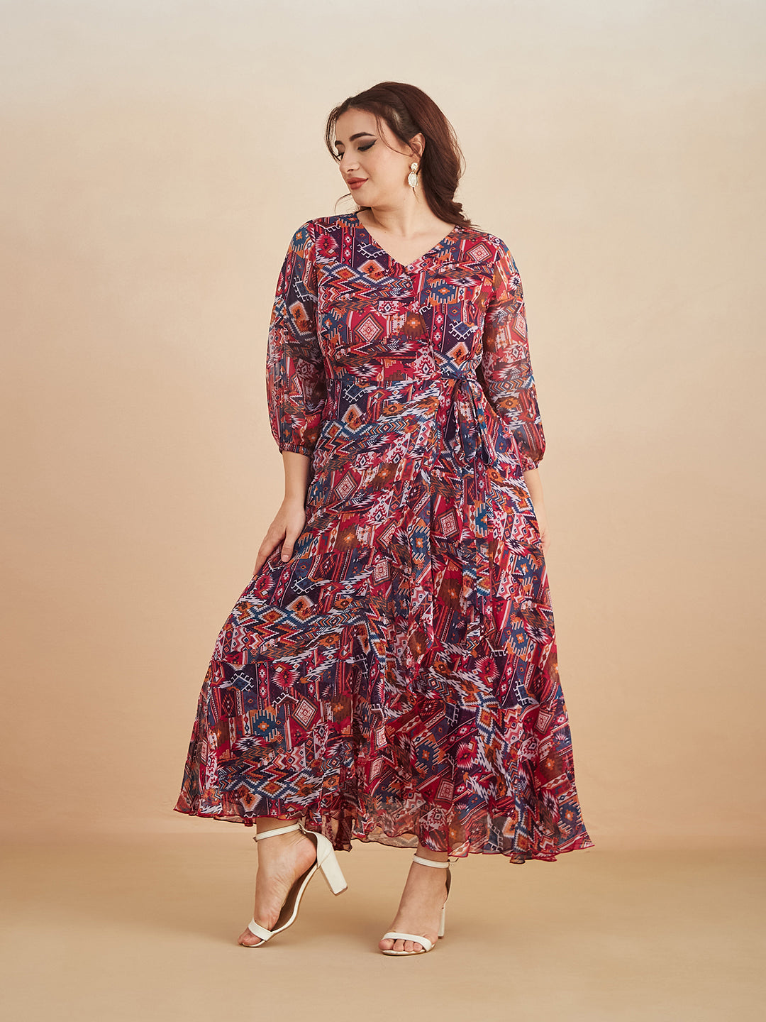 Multicolored V-Neck Three-Quarter Sleeve Geometric Patterned Wrap Midi Chiffon Dress for Women