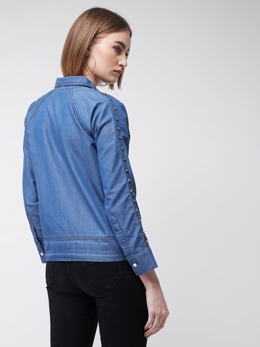 Women's Blue Polo Neck Full Sleeve Solid Embellished Flap Detailing Buttoned Denim Bomber Jacket