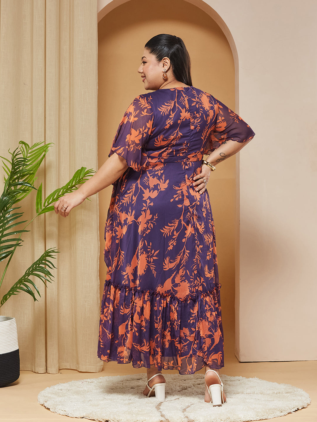 Orange & Purple Floral Wrap Chiffon Maxi Dress with Flutter-Sleeves & Frilled Hem for Women