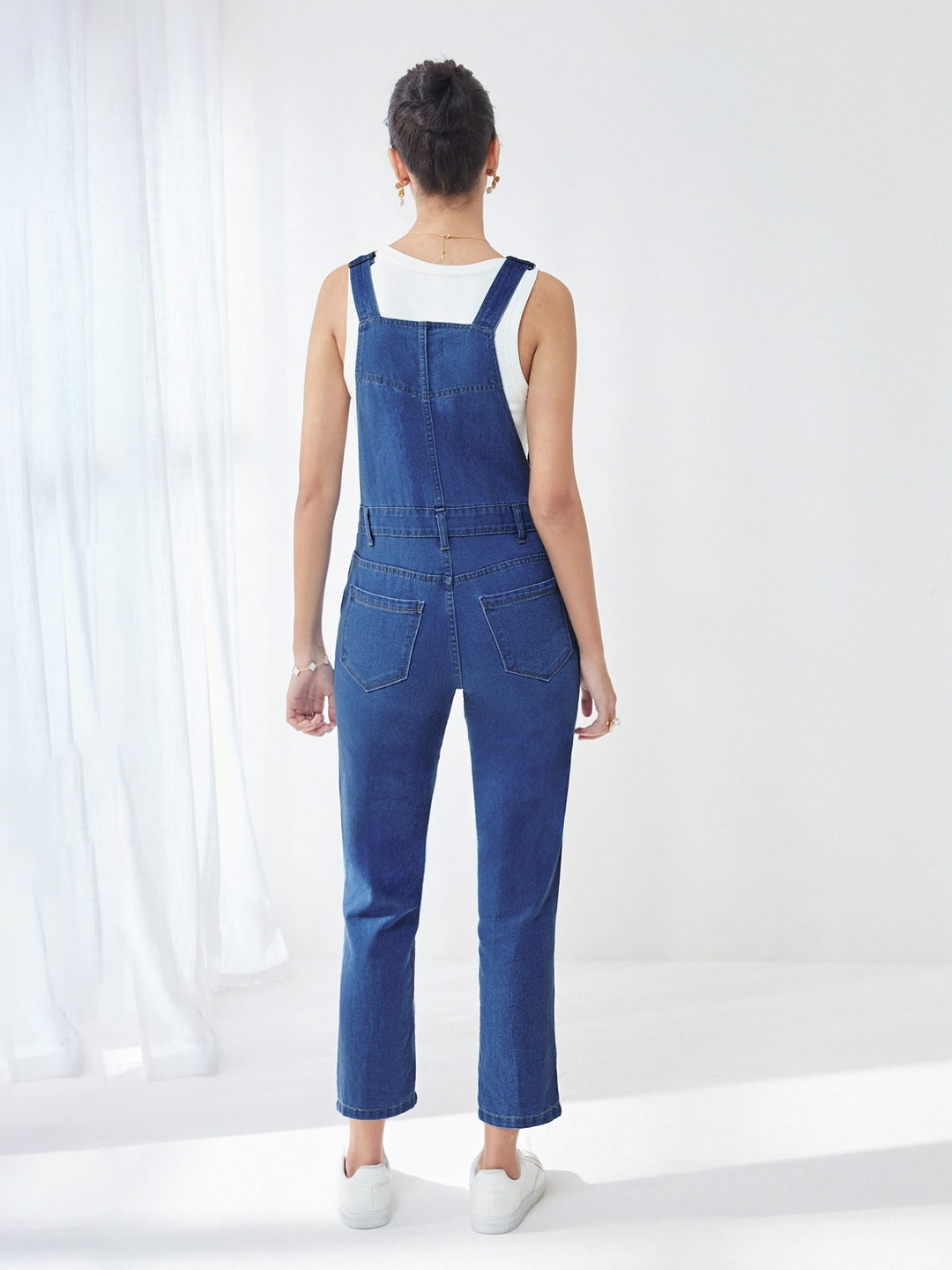 Blue Regular Fit Mid Rise Regular Length Denim Dungaree  for Women