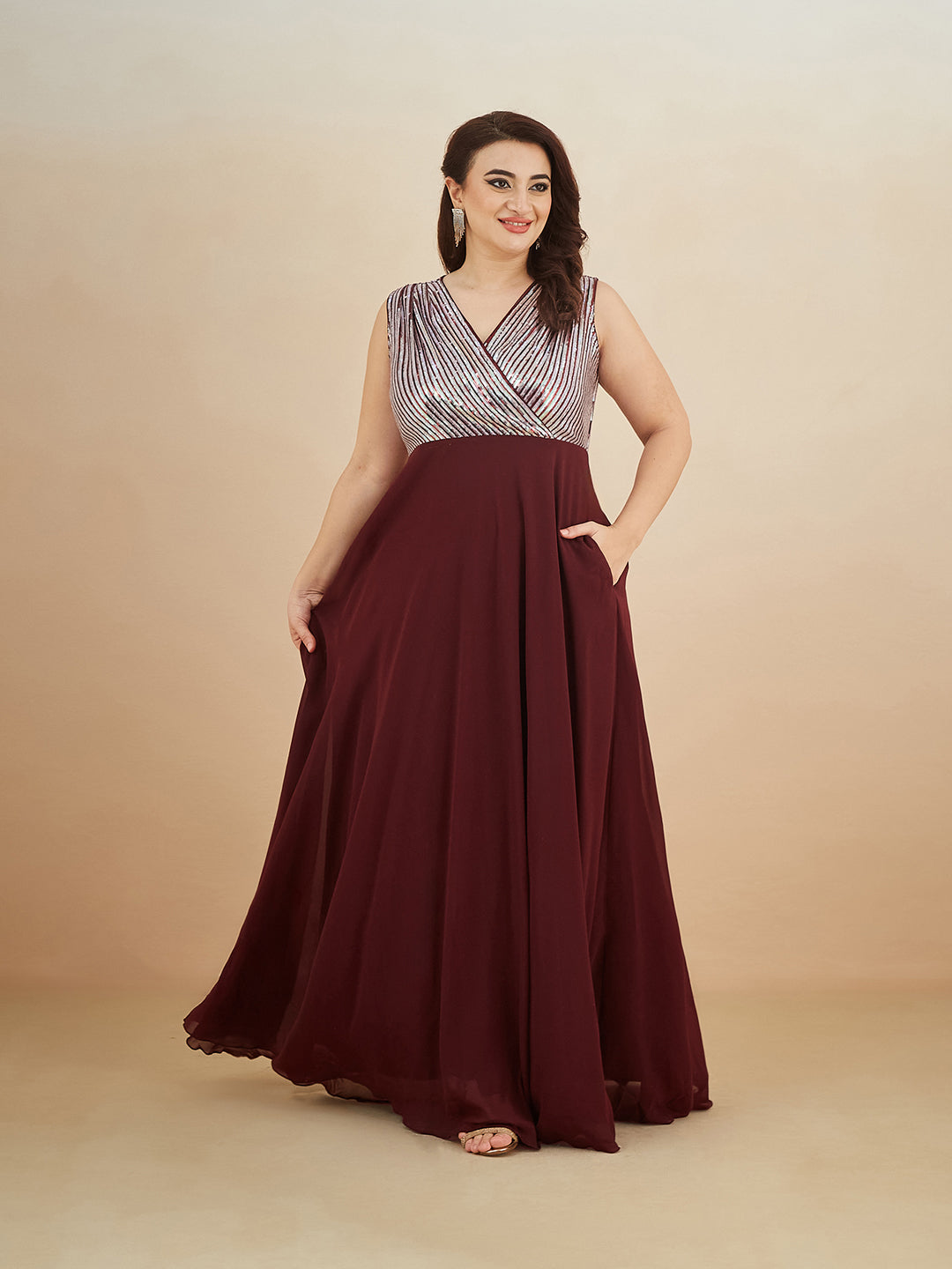 Wine V-Neck Sleeveless Embellished Wrap-Styled Maxi Georgette Dress for Women — Miss Chase A+