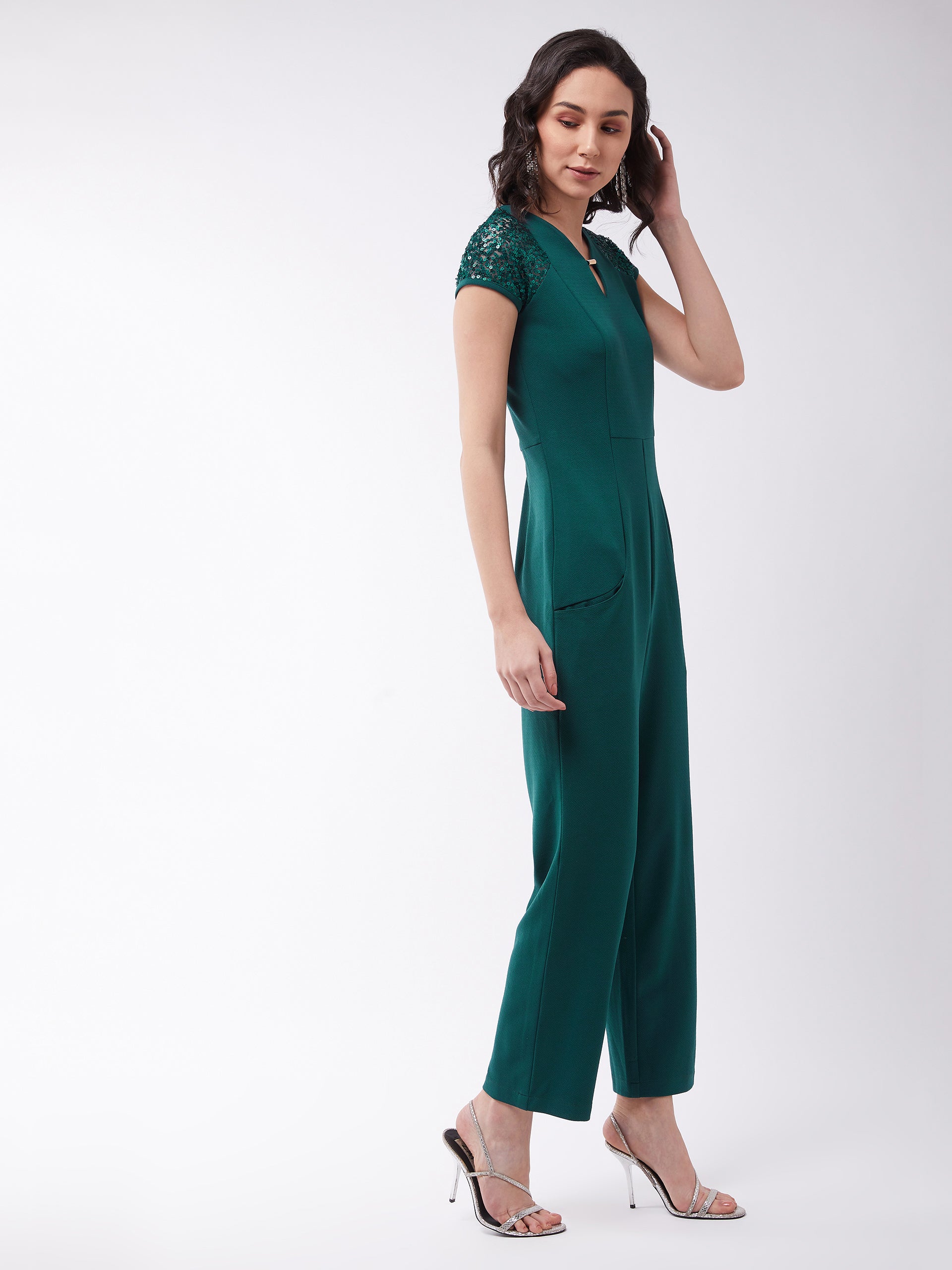 Crease Ease Women's Green Solid V -Neck Short Sleeve Sequin Panel Embellished Jumpsuit