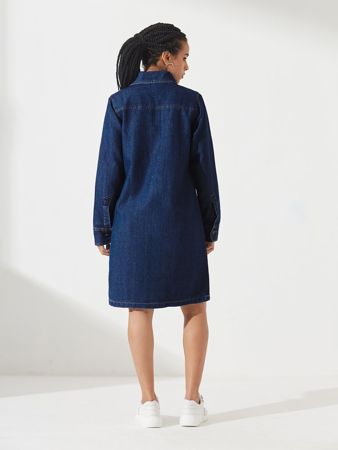 Navy-Blue Solid Polo Neck Full Sleeves Patch Pocket Denim Overcoat Knee-Length Jacket for Women