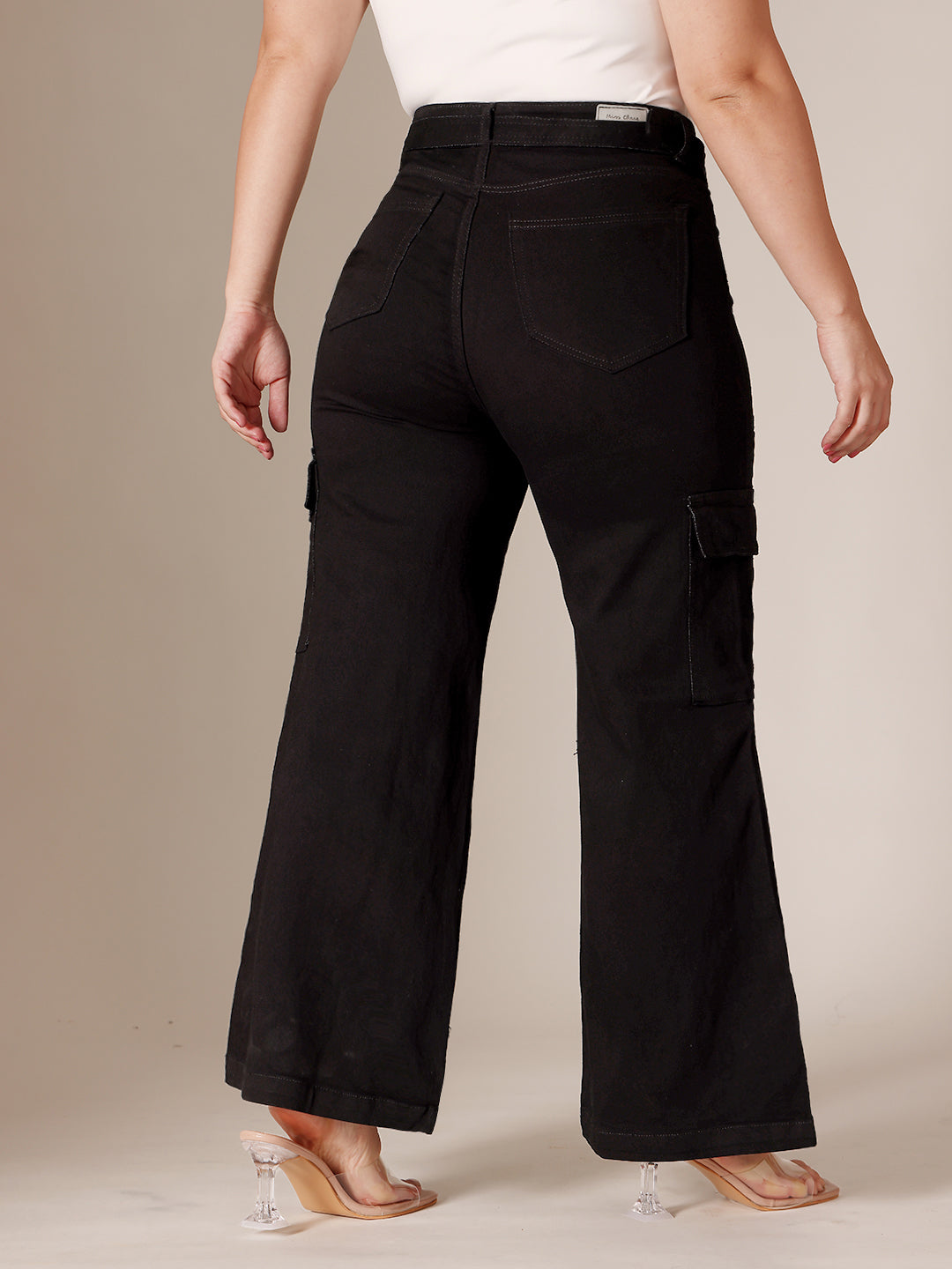 Black Wide leg High rise Clean look Regular Stretchable Denim Jeans for Women