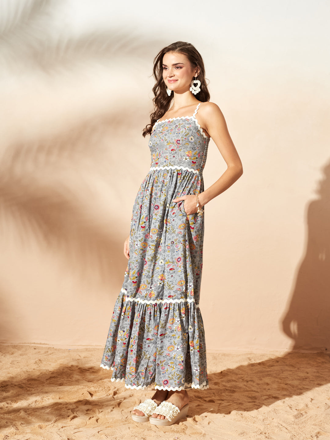 Grey Bohemian Multicolored Tiered Maxi Dress with Square Neck and Smocked Back for Women
