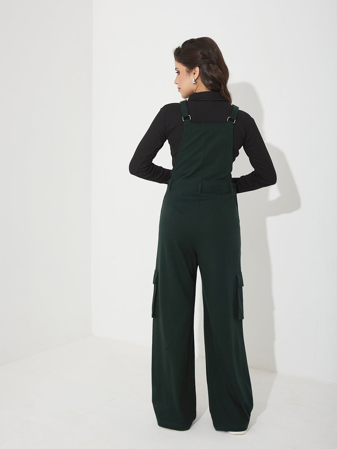 Women's Bottle-Green Square Neck Sleeveless Solid Wide Leg Full Length Cotton Dungaree