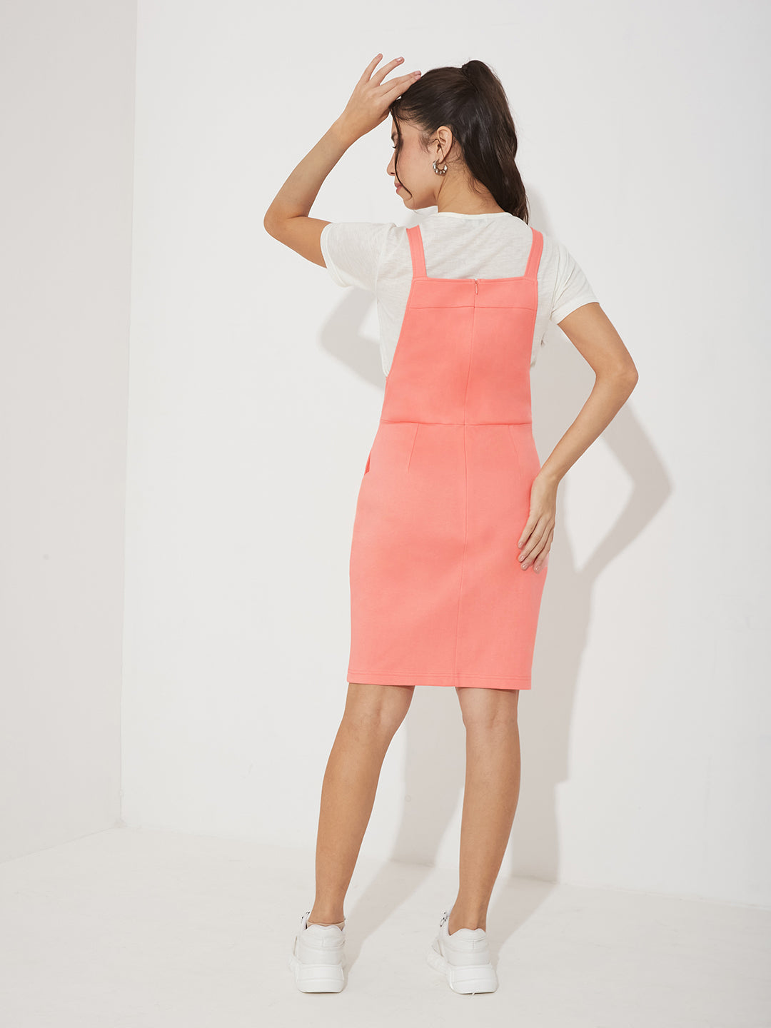 Peach Round Neck Half Sleeve Solid Pinafore Knee-Long Cotton Dress Co-Ord Set for Women — Miss Chase