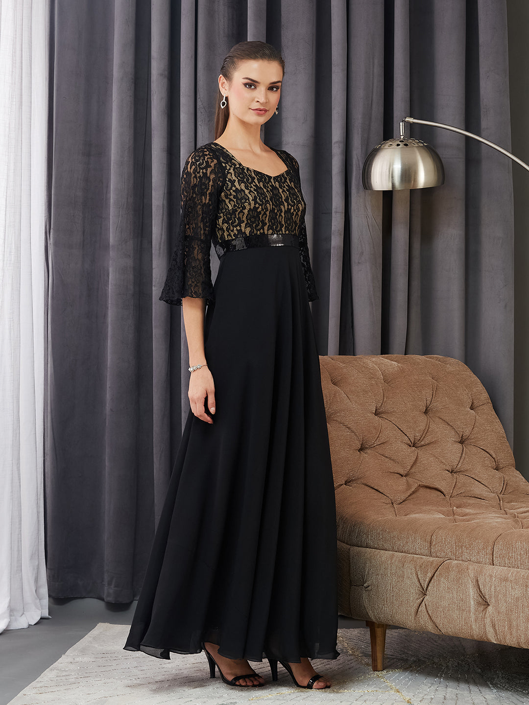 Women's Black Sweetheart-Neck Full Sleeve Floral Lace-Overlaid Georgette Maxi Dress