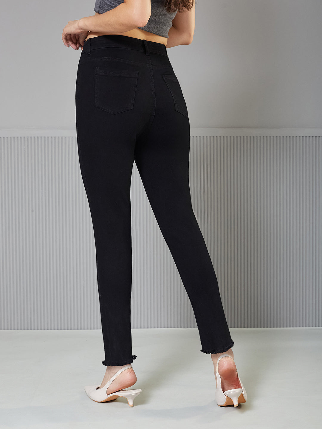 Black Skinny-Fit High-Rise Cropped Fringed Hemline Solid Stretchable Denim Jeans for Women — Miss Chase