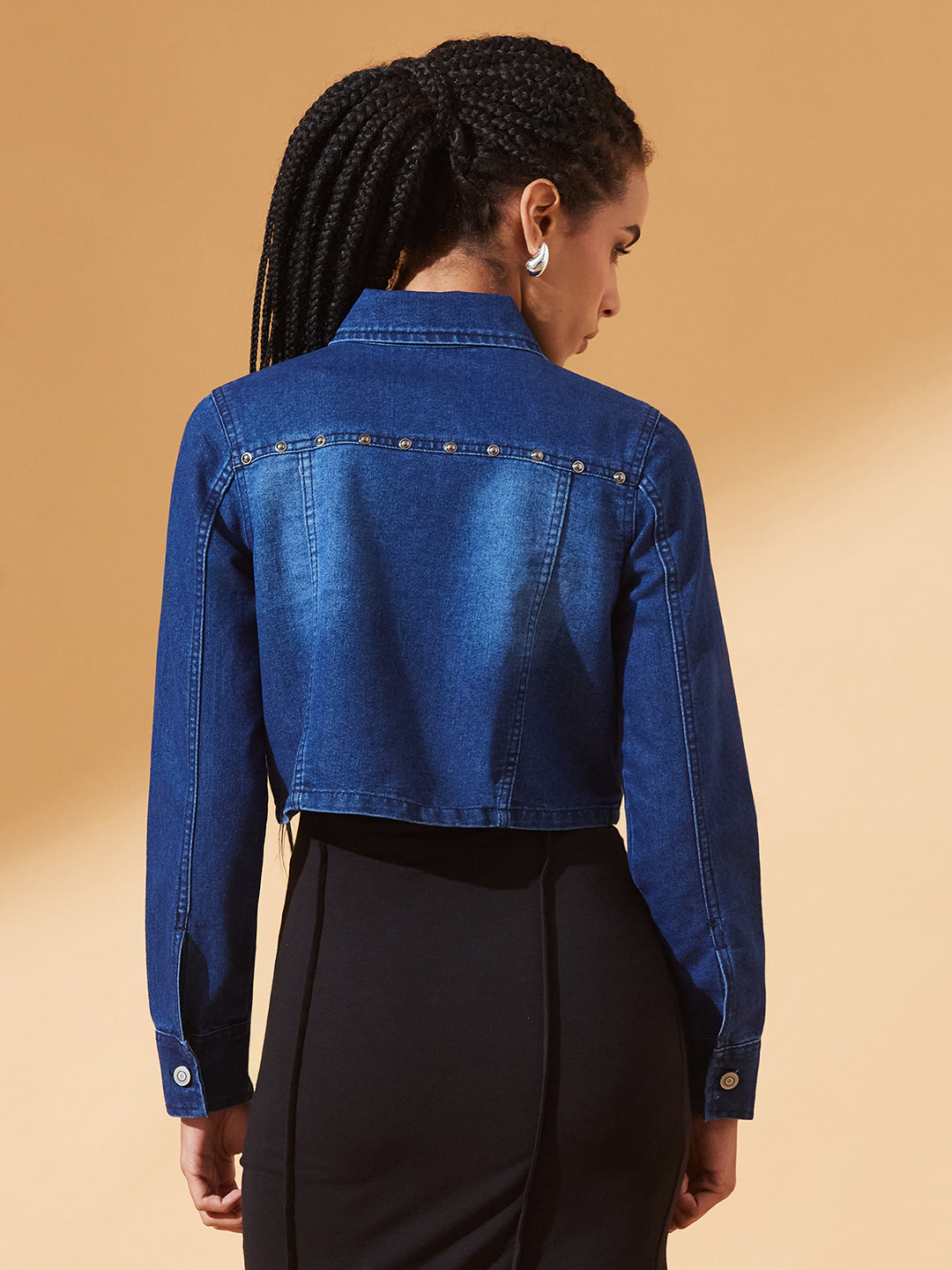 Navy-Blue Solid Polo Neck Full Sleeves Buttoned Denim Embellished Cropped Jacket for Women