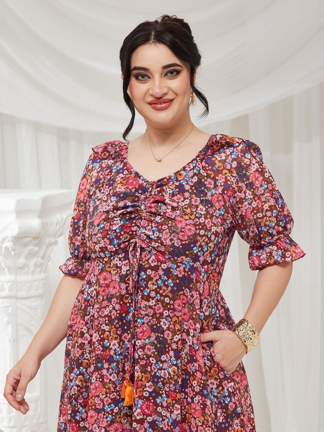 Wine V-Neck Puff Sleeve Floral Ruching Ankle-Length Dress for Women — Miss Chase A+