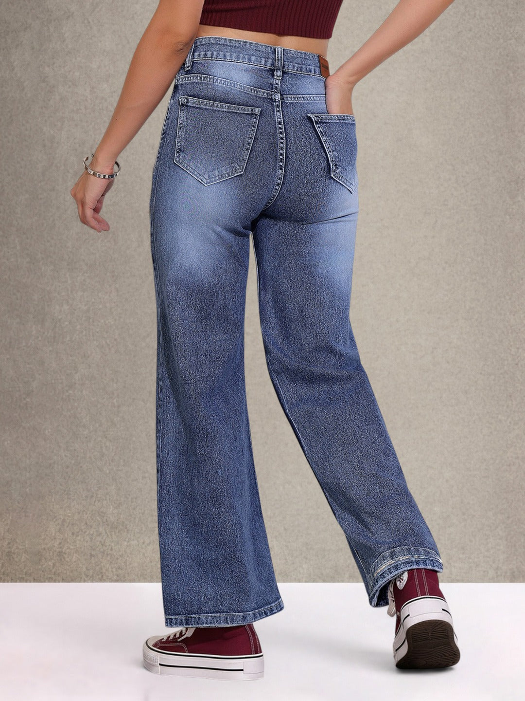 Light Blue Wide-Leg High-Rise Stretchable Denim Jeans for Women