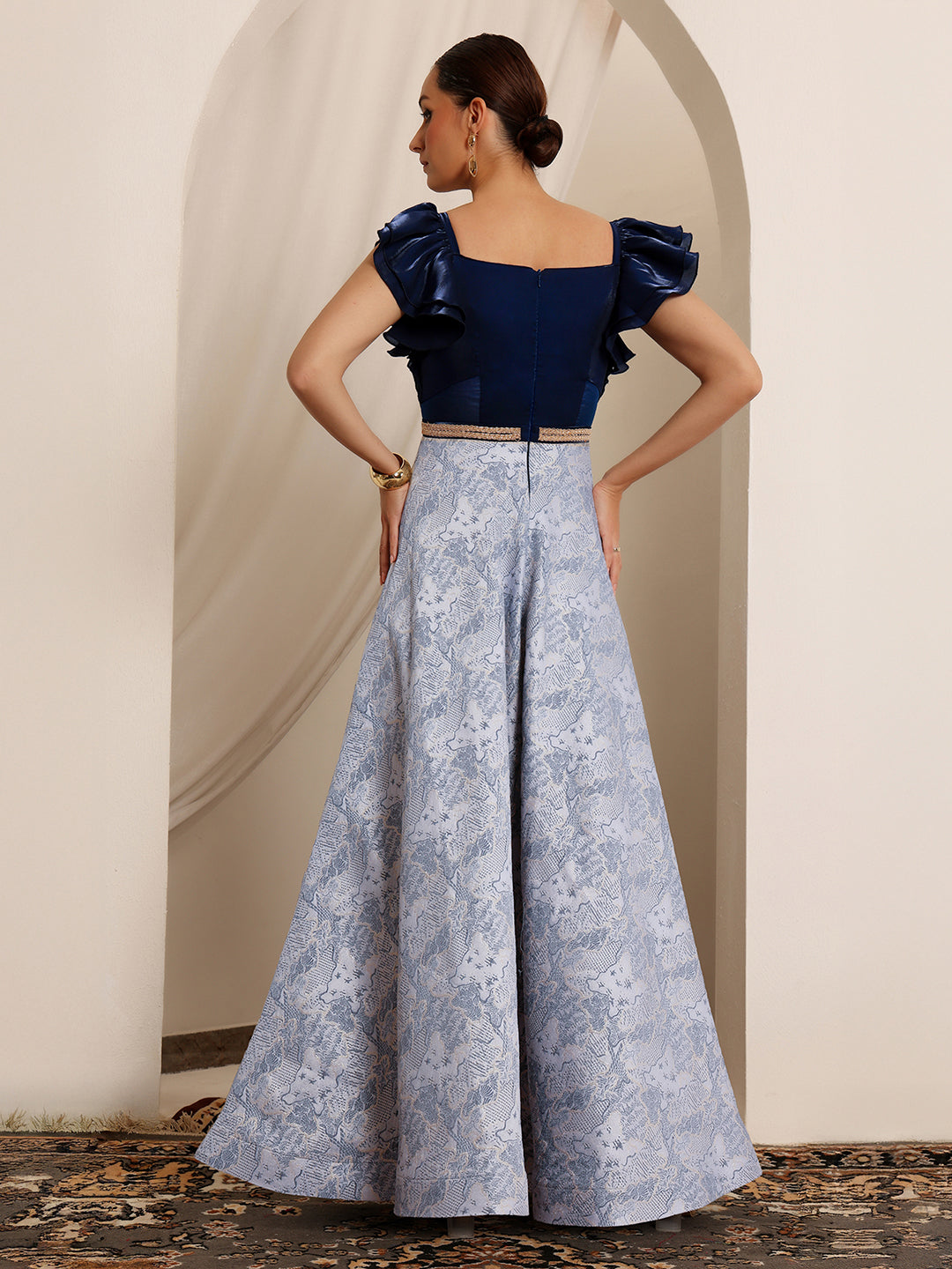 Women's Navy Blue White Square Neck Ruffled Floral Maxi Dress