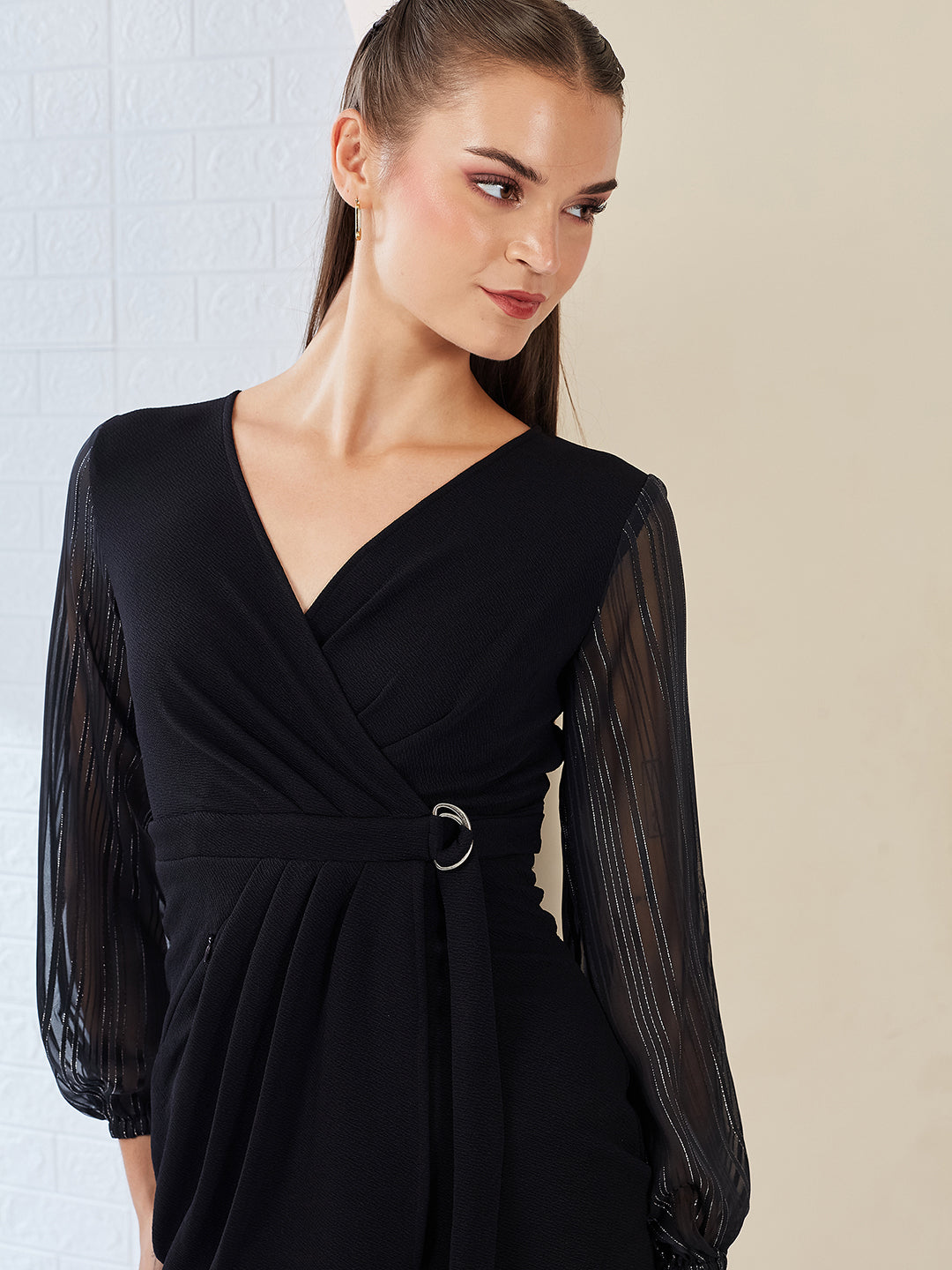 Black Solid V Neck Bishop Sleeves Front Pocketed Polyester Wrap Knee-Length Dress for Women