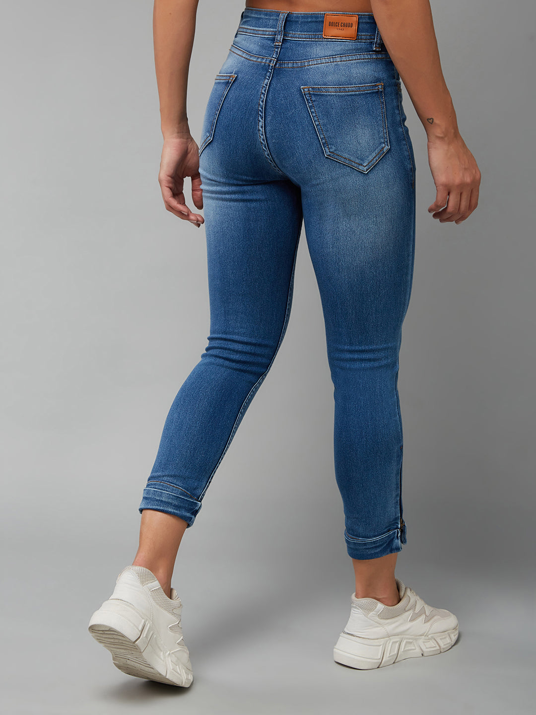 Women's Blue Skinny Fit High Rise Ankle Length Acid Wash Blast Effect Denim Stretchable Jeans