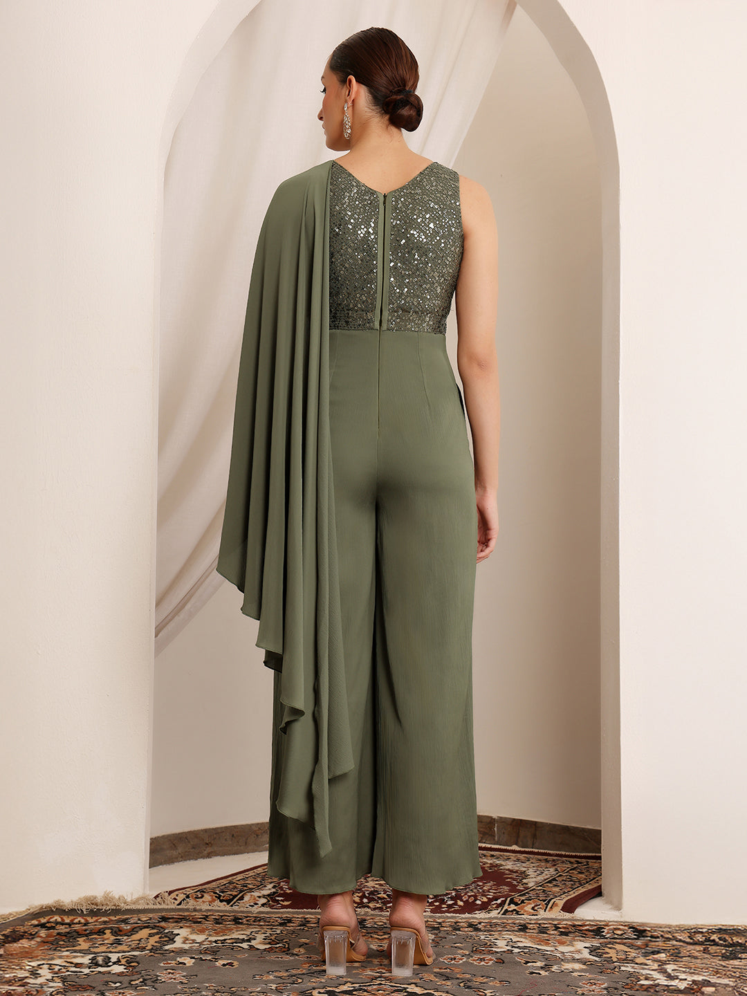 Women's Embellished Satin Jumpsuit in Pale Olive with Draped Pleats