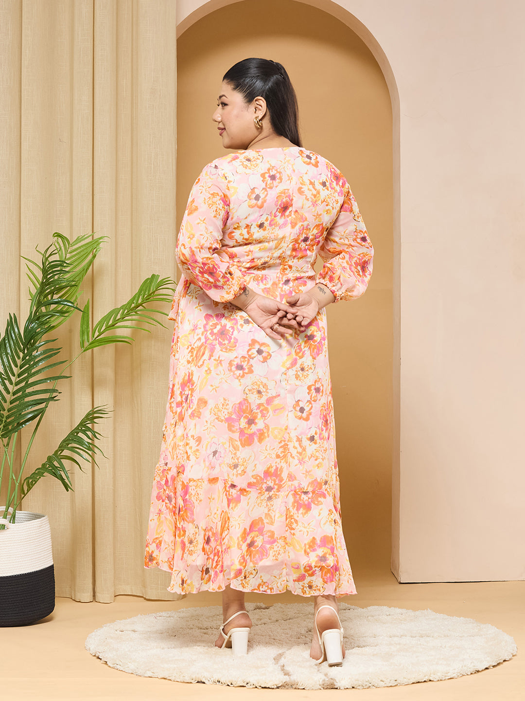 Pink & Orange V-Neck Bishop Floral Layered Chiffon Maxi Dress for Women