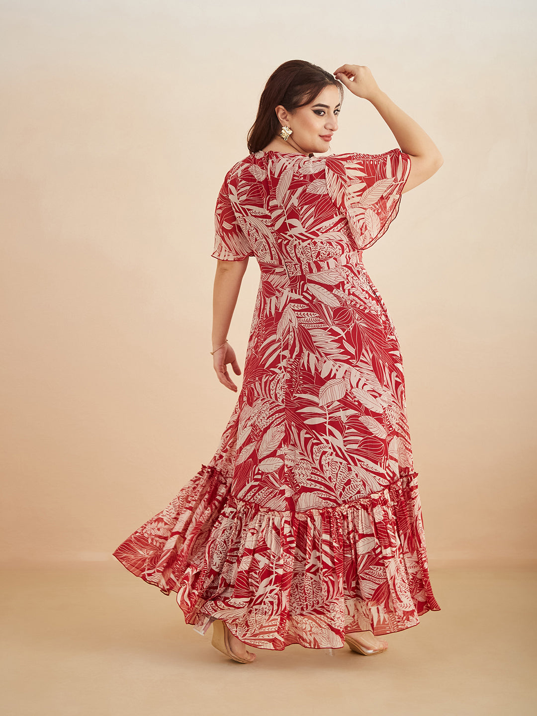 Multicolored-Base-Maroon V Neck Flared Sleeve Floral Wrap Maxi Dress for Women — Miss Chase A+