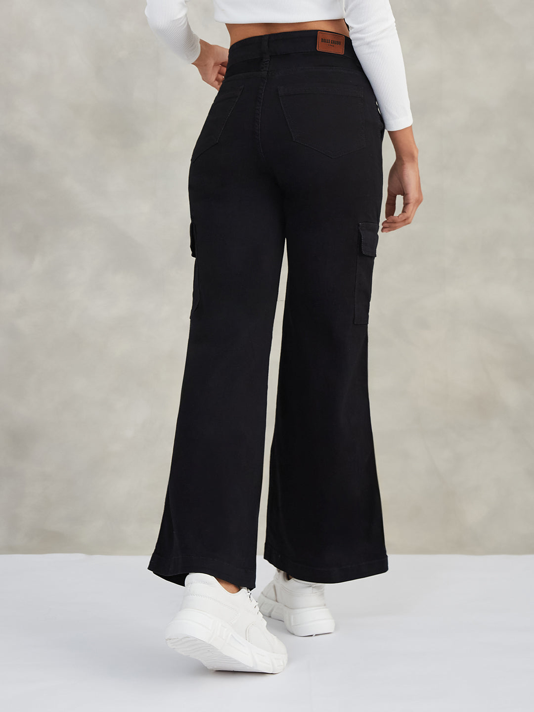 Women's Black Wide-Leg High-Rise Stretchable Denim Jeans