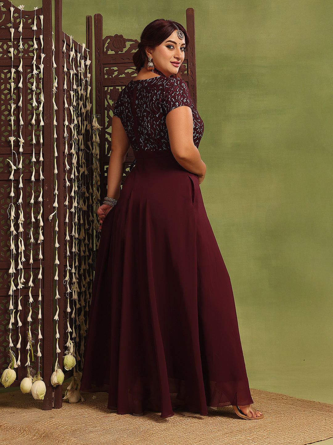 Women's Wine Colored V-Neck Short-Sleeved Self Designed Lace-Overlaid Maxi Georgette Dress