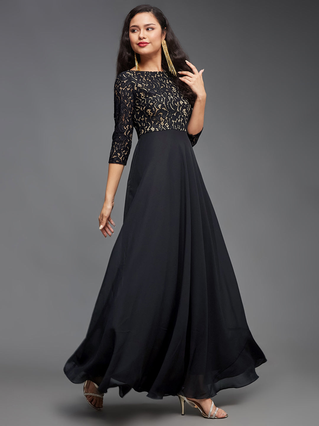Women's Black Boat Neck Three-Quarter Sleeve Self-Designed Fit and Flare Georgette Maxi Dress