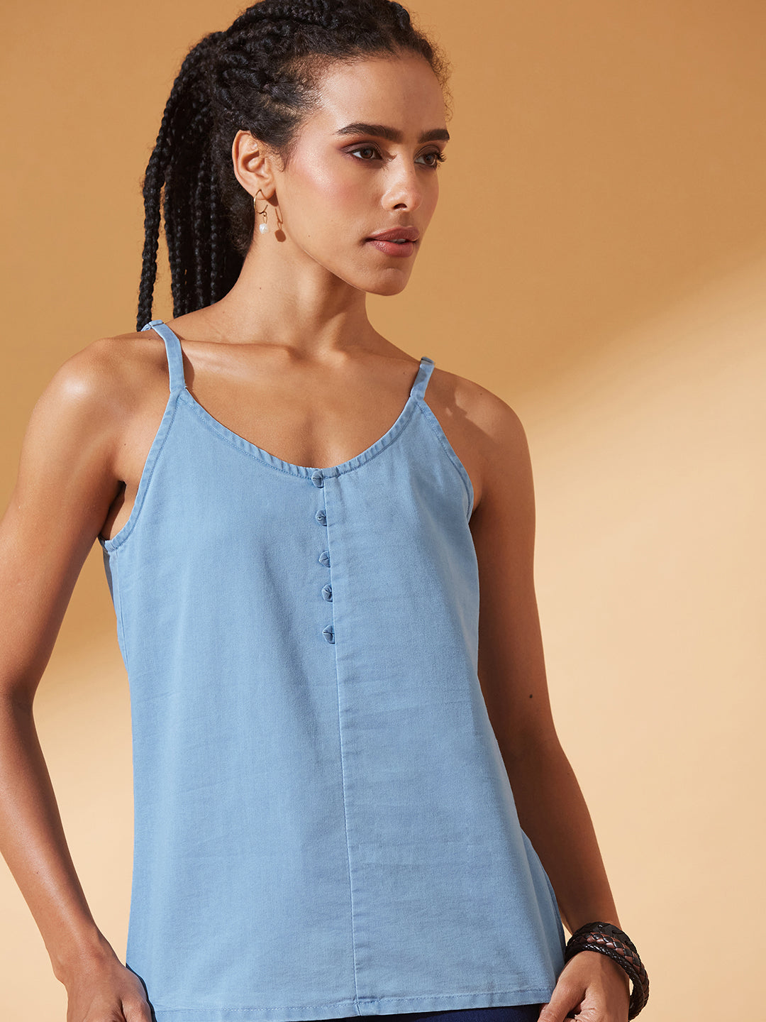 Light-Blue V Neck Sleeveless Cotton Solid Denim Spaghetti Top for Women